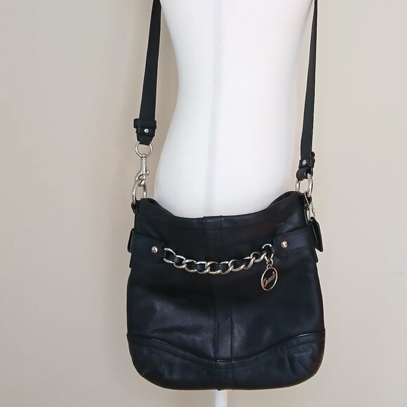 COACH Pebble Leather Chain Duffle Cross Body Shoulder Purse Black - Picture 1 of 7